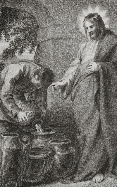 キリストが水をワインに変える、「私たちの祝福された主と救い主イエス・キリストの歴史と生活」、牧師J.ミルナー著、B。クロスビー発行、1808年 作： William Hopwood
