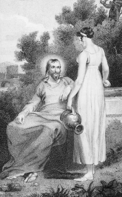 キリストとサマリアの女性、「私たちの祝福された主と救い主イエスキリストの歴史と生活」、牧師J.ミルナー著、B。クロスビー発行、1808年 作： William Hopwood