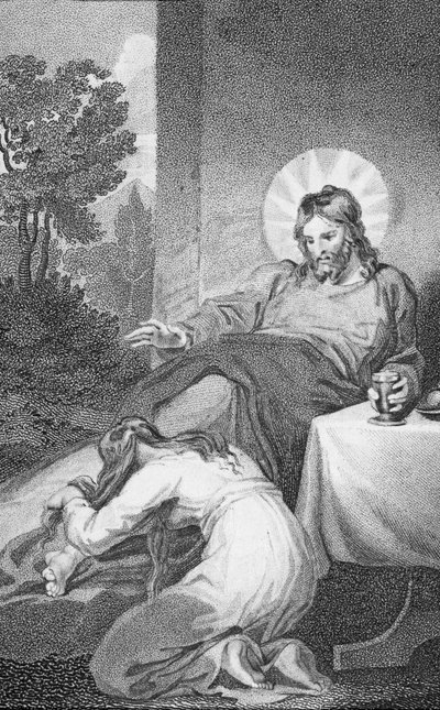 メアリー救世主の足を油注ぐ、「私たちの祝福された主と救い主イエス・キリストの歴史と生活」、牧師J.ミルナー、B。クロスビー発行、1808 作： William Hopwood