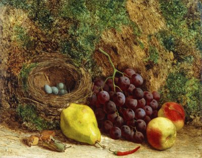 ブドウ、梨、桃、鳥の巣、苔むした銀行、1864年 作： William Hughes