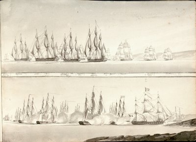 戦列艦のさまざまな描き方、19世紀初頭（ペン、グレー・ウォッシュ） 作： William Innes Pocock