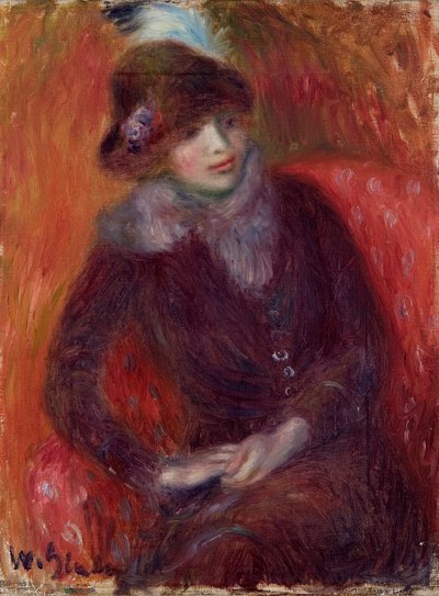毛皮のネックピースと赤の背景に座っている女性 作： William James Glackens