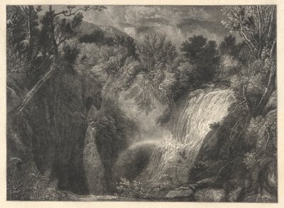 2 つの滝のある風景 作： William James Linton