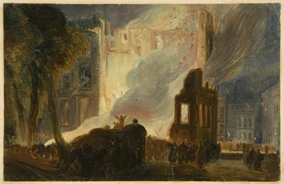 ブリストル暴動：マンションハウスの燃焼、クイーンスクエア、1831年頃（紙に油彩） 作： William James Muller