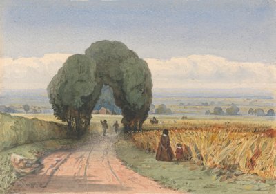 Gloucestershire - uma mulher e uma criança em uma estrada que margeia campos de milho maduro em Moreton-in-Marsh 作： William John Chamberlayne