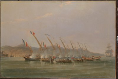 ジャワ島沖でフランス軍の砲艦を拿捕するロバート・モーンセル艦長、1811年7月、1811年頃（油彩・カンヴァス） 作： William John Huggins