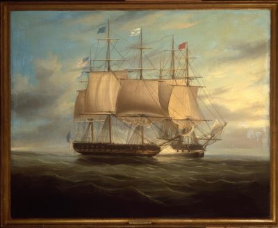 近接戦闘中のシャノンとチェサピーク、1813年-宝石。 WJHuggins 作： William John Huggins