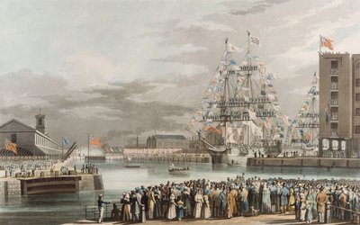 セントキャサリンのドック：1828年10月25日に開業、E。ダンカンの彫刻（アクアチント色） 作： William John Huggins