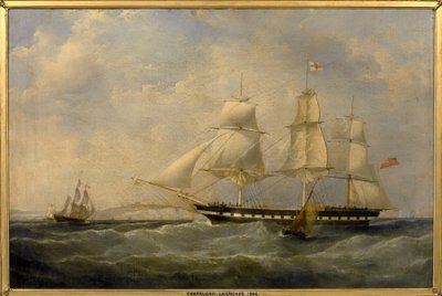 ドーバー（イギリス）沖のインディアマン船「トラファルガー号」。1848年、ロンドンからカルカッタ（インド）へ向かうためにブラックウォール（イギリス）で建造された。 作： William John Huggins