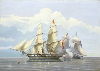 HMS "バザード "によるスペイン奴隷貿易船 "フォーミダブル "の拿捕（12月17日 作： William John Huggins