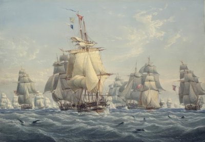 イルカと完全帆走中のイギリス艦隊 作： William Joy