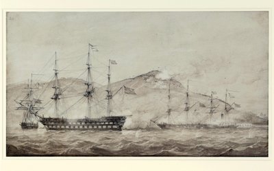 1841年、アモイ（中国）沖のHMS船ウェルズリー号、コロンバイン号、グリゼル号。ラヴィス 作： William Joy