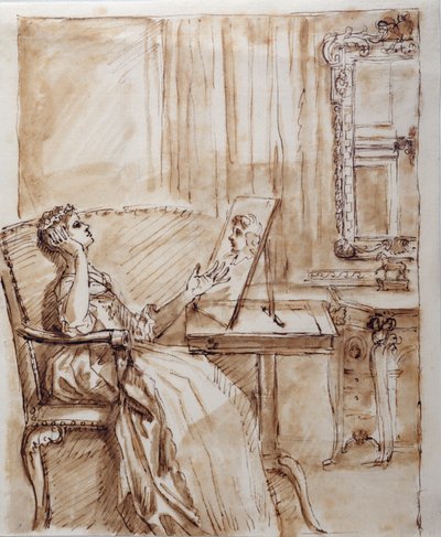 ガーデンルームに座ってオールドマスター（？）の絵を鑑賞するバーリントン夫人（紙にペンとインク）。 作： William Kent