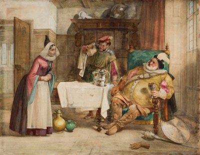 シェイクスピアの「ウィンザーの陽気な妻たち」の場面：ファルスタッフ、バルドルフ、ホステス、1860 作： William Knight Keeling