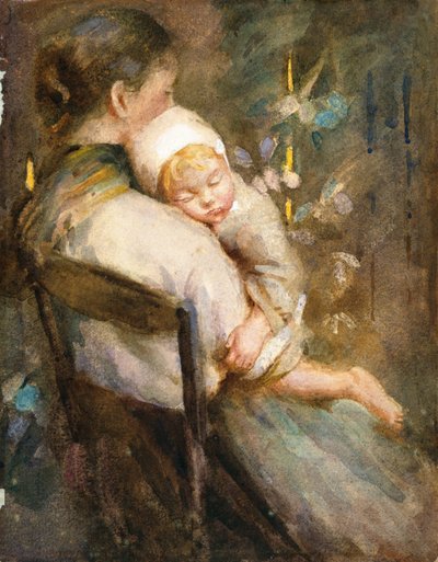 膝の上で眠っている子供を持つ若い母親 (紙に水彩) 作： William Lee Hankey