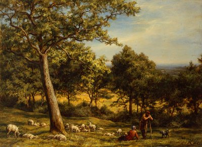 太陽に照らされた森の中の羊飼いと群れ 作： William Linnell