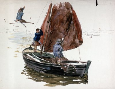 小さな帆船に乗る男性と少年。水彩画 作： William Lionel Wyllie
