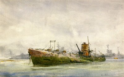 降伏し、浜に浮かぶ潜水艦、ポーツマス 作： William Lionel Wyllie