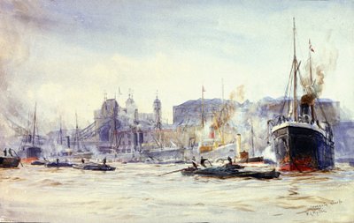 テムズ川沿いのイロンゲート波止場での活動風景（イギリス）。 作： William Lionel Wyllie