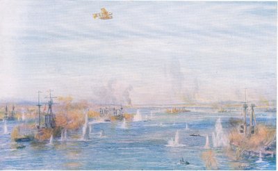 1915年3月18日、ウェーバリーブックカンパニーリミテッド発行のイギリス人のカッセル歴史からの1940年頃の爆撃、ナロウズ 作： William Lionel Wyllie