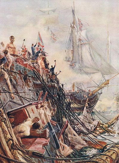 1805年10月21日にトラファルガーで開催された不自由な征服者のベライスレ、「陸と海のイギリスの戦い」のイラスト、ロンドン、カッセル発行、1910年 作： William Lionel Wyllie