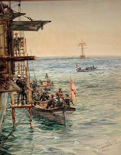サンタ・ポーラのH.M.S.テセウス号を乗せた日食パーティ（水彩・紙） 作： William Lionel Wyllie