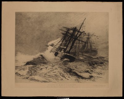 1889年3月16日、サモア・アピア港からのH.M.S.カリオペ号の脱出（エッチング） 作： William Lionel Wyllie