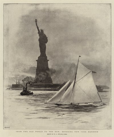 旧世界から新世界へ、ニューヨーク港に入る 作： William Lionel Wyllie