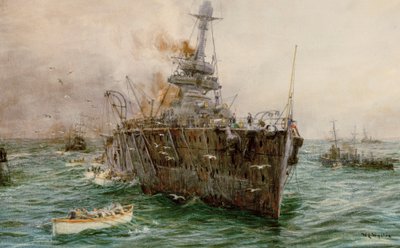 機雷に衝突してスウィリー湖沖に沈むHMS「オーデイシャス」、1914年10月27日、20世紀初頭（水彩画） 作： William Lionel Wyllie