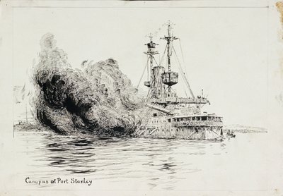 フォークランド諸島沖海戦の開幕弾を発射するポート・スタンレーのHMS「カノープス」、1914年12月8日（ペン・インク、黒水彩、カード） 作： William Lionel Wyllie