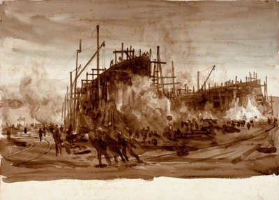 ストック上の鉄船、1910年頃（ブラウン・ウォッシュ） 作： William Lionel Wyllie