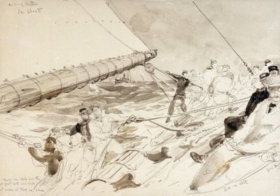 右側にドイツ皇帝ヴィルヘルム2世（ウィリアム2世）（1859-1941）を含む乗組員の名前。 作： William Lionel Wyllie