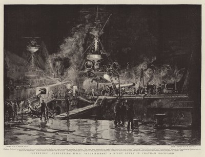 残業、チャタムドックヤードの夜景であるHMS Magnificentの完成 作： William Lionel Wyllie