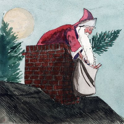 煙突から降りてきたサンタクロースが、おもちゃの詰まった袋とクリスマスツリーを引いている。ウィリアム・ライオネル・ウィリー（1851-1931）による水彩画、20世紀初頭。 作： William Lionel Wyllie