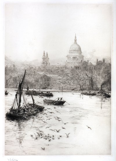 セント・ポール下の海運とカモメ（水彩画） 作： William Lionel Wyllie