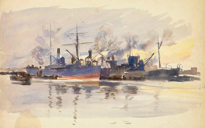 港に停泊する商船のスケッチ、19世紀後半から20世紀初頭（水彩画） 作： William Lionel Wyllie
