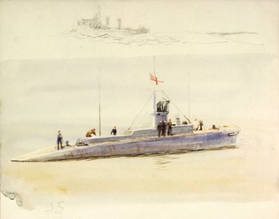 潜水艦J.5と他の戦闘艦の下絵、20世紀初頭（水彩、黒鉛画） 作： William Lionel Wyllie