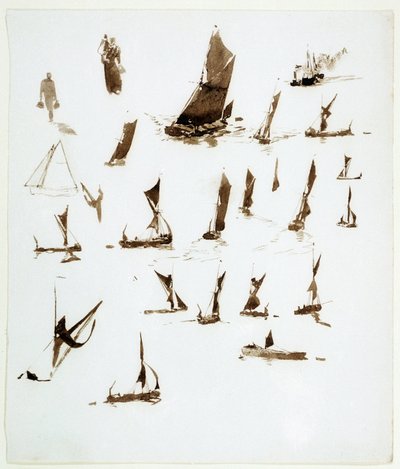 テムズ川の屋形船（イギリス）。ウィリアム・ライオネル・ウィリー（1851-1931）の1890年頃のノートからのガッシュ画。 作： William Lionel Wyllie