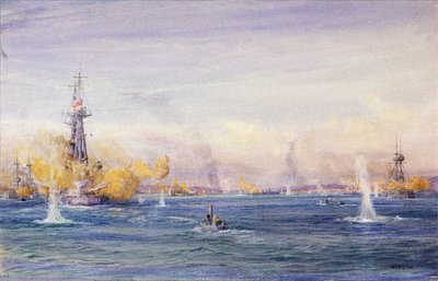 ガリポリ作戦中のダーダネルス海峡の戦い（1915年）（トルコ）、マルマラ海。ウィリアム・ライオネル・ウィリー（1851-1931）による1915年頃の水彩画。 作： William Lionel Wyllie