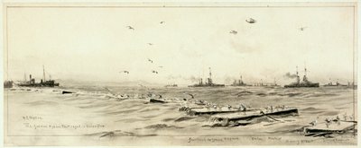 スカパに籠城するドイツ公海艦隊、1918年頃（ウォッシュ、グレー、白で強調） 作： William Lionel Wyllie