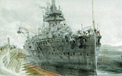 1911年から1913年に建造されたHMS「オーデイシャス」。水彩画 作： William Lionel Wyllie