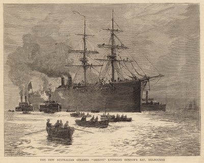 メルボルンのホブソンズベイに入る新しいオーストラリアの汽船オリエント 作： William Lionel Wyllie