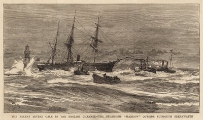 イギリス海峡における最近の深刻な強風、プリマス防波堤の外の蒸気船ハンコウ 作： William Lionel Wyllie