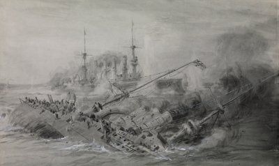 最後の「シャルンホルスト」と「グナイゼナウ」；フォークランド諸島沖海戦、1914年12月8日、16.15頃、1915-18年頃（ウォッシュ、グレー、白で強調） 作： William Lionel Wyllie