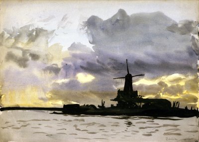 アムステルダム（オランダ）の北、ザーンダムにある風車。水彩画 作： William Lionel Wyllie