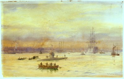 ゴスポート側の港を見上げると、潜水艦が入港しており、その先にも別の潜水艦がいる。 作： William Lionel Wyllie
