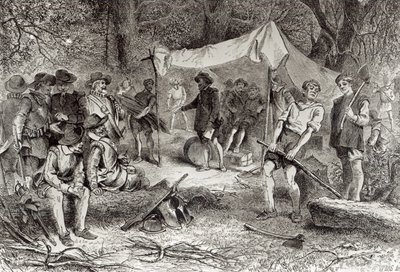 ジェームズタウンの初日、1607年5月14日、アウグストゥスL.メイソンによる「開拓者生活のロマンスと悲劇」、1883年（彫刻）（写真） 作： William Ludlow Sheppard