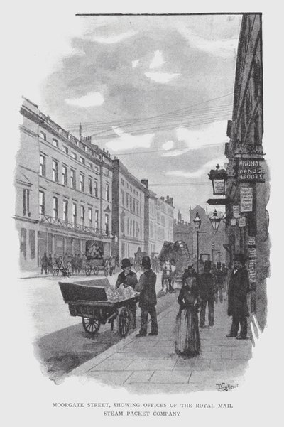 Moorgate Street、Royal Mail Steam Packet Companyのオフィスが見える（リトグラフ 作： William Luker