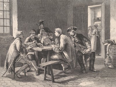 カードで遊ぶ兵士、イラストレイテッド ロンドン ニュース、1861 年 5 月 4 日より 作： William Luson Thomas