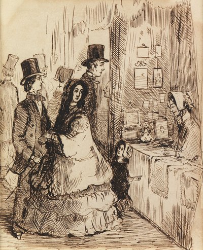 美徳が報われた：バニティフェアのブース（ペンとインク） 作： William Makepeace Thackeray